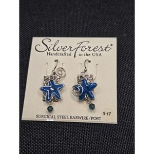Silver Forest Blue Enamel Starfish Dangle Earrings Surgical Steel E-9779 USA
